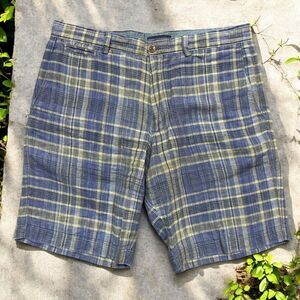 Banana Republic Basic Casual Fit Plaid Blue Gray Linen Shorts Men's Size 36